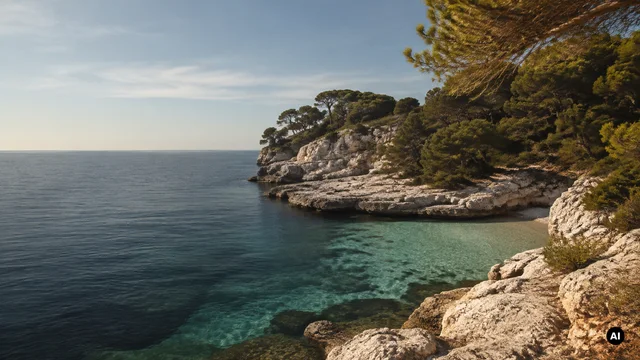 Cala de calcário e mar turquesa em Menorca, com pinheiros sobre as falésias.