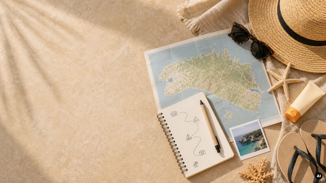Ilustração de um mapa esquemático, um caderno e artigos de viagem; sem indicar um percurso real.