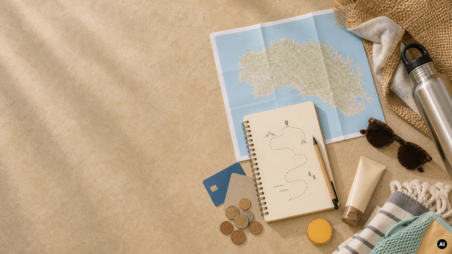 Ilustração de um mapa esquemático, um caderno e artigos de viagem; sem indicar um percurso real.