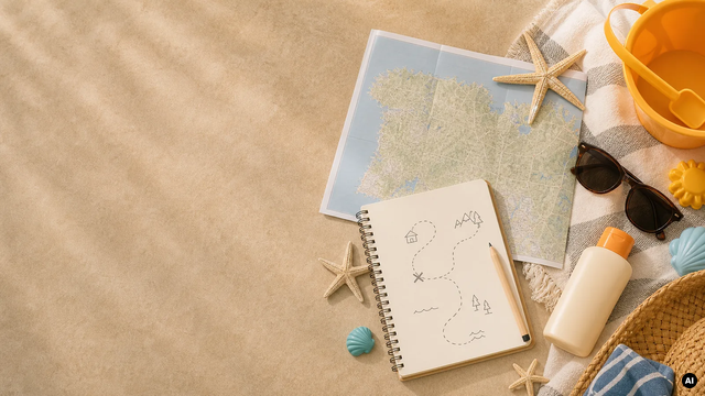Ilustração de um mapa esquemático, um caderno e artigos de viagem; sem indicar um percurso real.