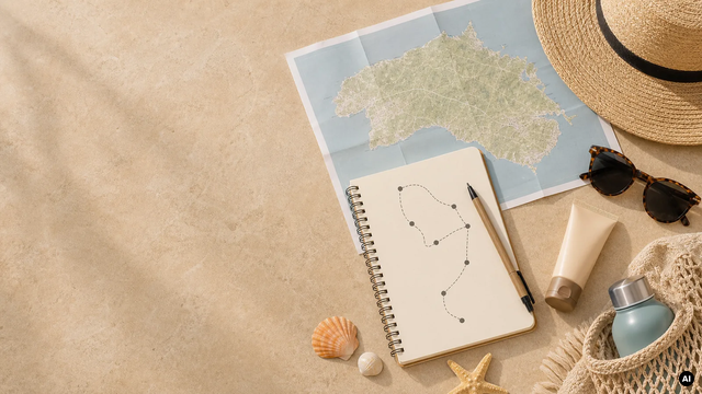 Ilustração de um mapa esquemático, um caderno e artigos de viagem; não representa um roteiro real.